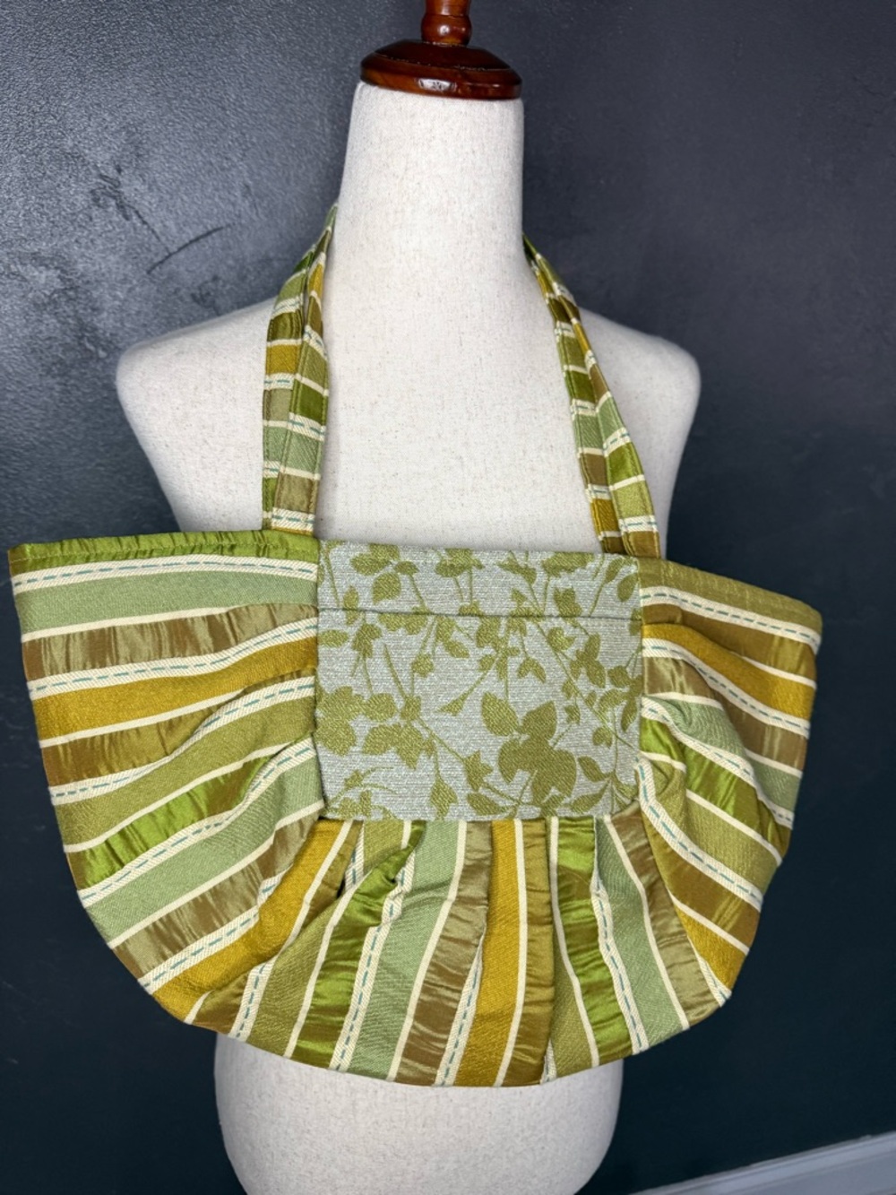 Olive Green Striped Floral Accent Tote